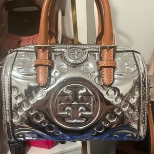 Tory Burch Metallic Silver and Tan Crossbody Bag